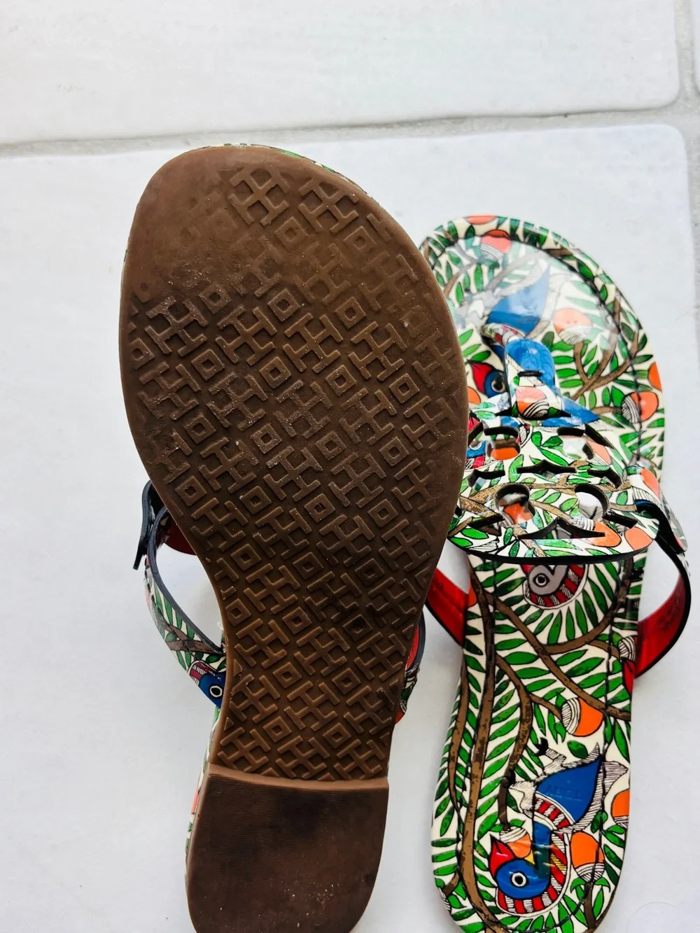 Tory Burch Multicolor Leaf & Bird Printed Leather Sandals